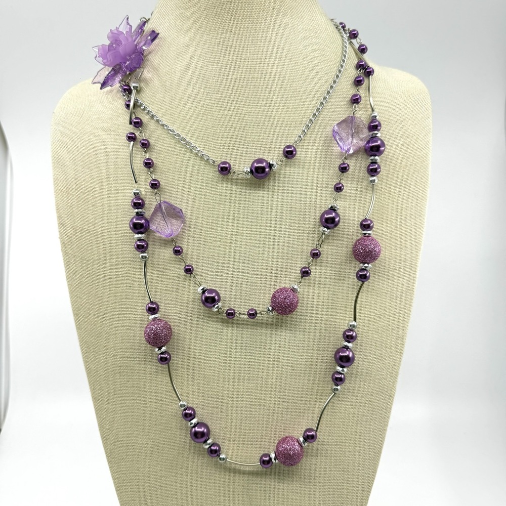 Purple Pearl Glitter Bead Multi Strand Flower Statement Necklace Silver Tone